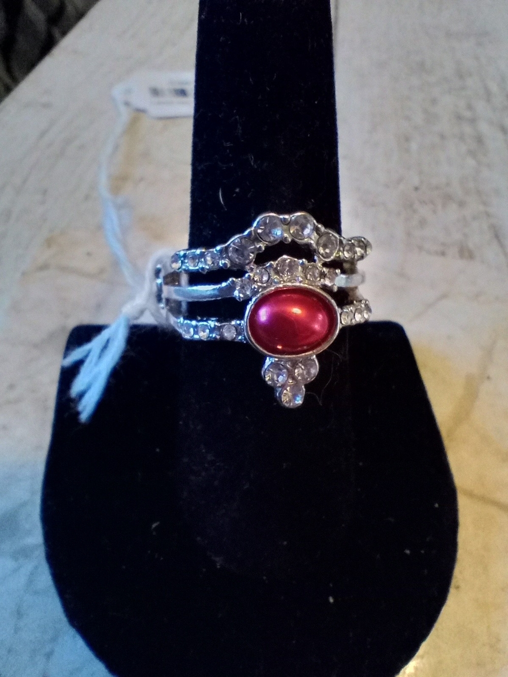 Red Cabochon Pearl Silver-Tone Crystal Stackable Ring - Women Jewelry